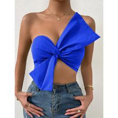OMONSIM Wholesale Off Shoulder Sexy Women Tops Shirred Back Ruched Bow Front Crop Tube Top