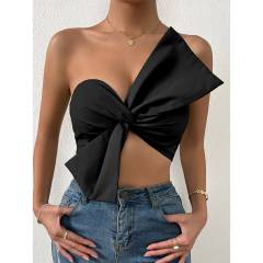 OMONSIM Wholesale Off Shoulder Sexy Women Tops Shirred Back Ruched Bow Front Crop Tube Top