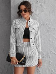 OMONSIM Wholesale Stripe Checkered Fashion Casual Button Long Sleeve Coat Short Skirt Two-Piece Set