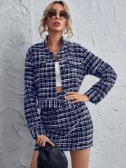 OMONSIM Wholesale Stripe Checkered Fashion Casual Button Long Sleeve Coat Short Skirt Two-Piece Set