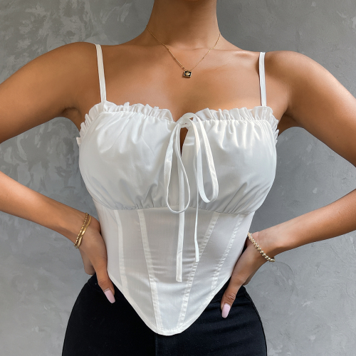 OMONSIM Wholesale Sexy Women Camisole White Asymmetrical Hem Fashion Slim Camis Tube Top Lace Up Sleeveless Backless Lady Crop Tops