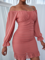 OMONSIM Wholesale Pink Wrinkled Ruffle Edge Tight Sexy Off Shoulder Long Sleeve Dress