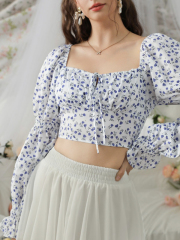OMONSIM Wholesale Floral Shirts Square Neck Tie Puff Sleeves Design Sensation Niche Shirts Women's Summer Short Navel Long Sleeve Tops