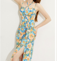 OMONSIM Wholesale oil painting floral suspenders halter dress new women's summer sexy temperament side slit waist long skirt