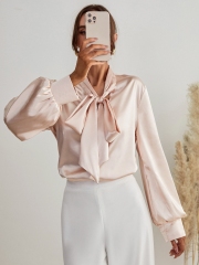 OMONSIM Wholesale Long Sleeve Women Blouses Fashion Work Casual Satin Tops Bow Elegant Loose Women Business Shirts