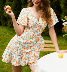 OMONSIM Wholesale Temperament V-neck Waist Floral Dress High Waist Slim Short Irregular Hem Ruffle Skirt