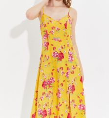 OMONSIM Wholesale Summer Elegant Temperament Yellow Floral Long Dress Feminine Side Slit Design Dress