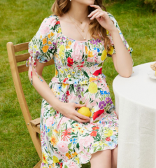 OMONSIM Wholesale Summer Floral New Puff Sleeve Dress Design Small Waist Square Neck Skirt Women