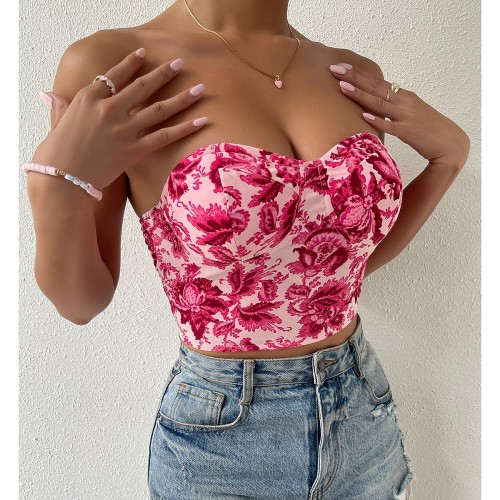 OMONSIM Wholesale Fashion Elegant Women Off Shoulder Club Party Tops Floral Print Shirred Back Bustier Crop Tube Top