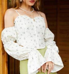 OMONSIM Wholesale Puff Sleeve Floral Shirt Women's Design Sensation Niche Chic Tube Top Short Top Women