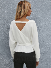 OMONSIM Wholesale Fashion Deep V-Neck Women Sweaters Ruffle Hem Long Sleeve Pullover Shirts Top Casual Loose Winter Lady Clothing