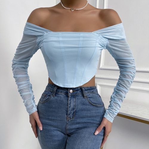 OMONSIM Wholesale Off Shoulder Blouses for Women Long Sleeve Mesh Cuff Sexy Slim Ladies Crop Top Asymmertic Hem Shirts