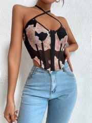 OMONSIM Wholesale Sexy Women Sleeveless Criss Cross Asymmertic Hem Tank Tops Floral Mesh Tie Backless Bustier Halter Top
