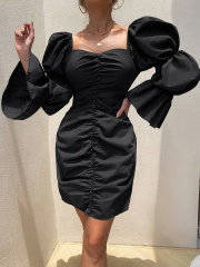 OMONSIM Wholesale Slim Sexy Blue Lantern Long Sleeve Women Party Formal Dress