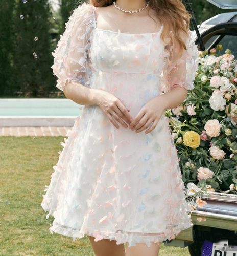OMONSIM Wholesale Summer Square Neck Lace Puff Sleeve Short Mini Dress Skirt