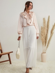 OMONSIM Wholesale Long Sleeve Women Blouses Fashion Work Casual Satin Tops Bow Elegant Loose Women Business Shirts