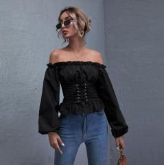 OMONSIM Wholesale Off Shoulder Long Sleeve Tops Lace Up Shirred Back Peplum Blouses Fashion Ruffles Skinny Shirt