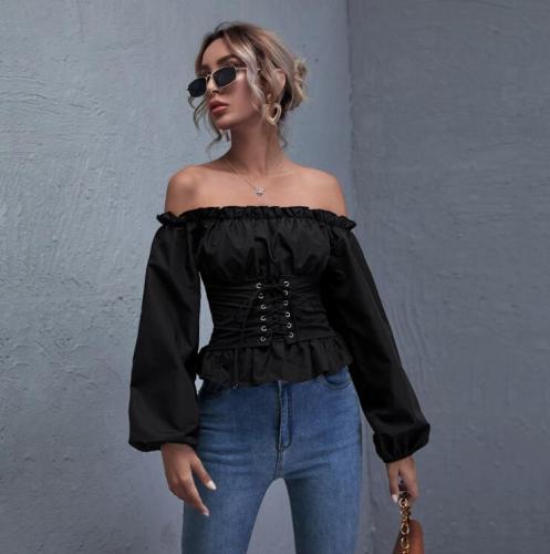 OMONSIM Wholesale Off Shoulder Long Sleeve Tops Lace Up Shirred Back Peplum Blouses Fashion Ruffles Skinny Shirt