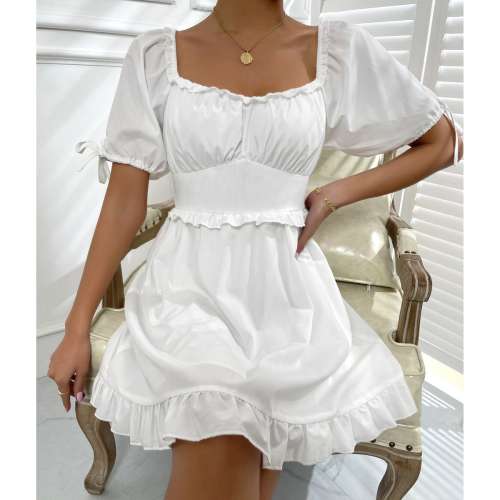 OMONSIM Wholesale Summer Elegant Women White Short Sleeve Dress Knot Cuff Ruched Bust Ruffle Hem Dress