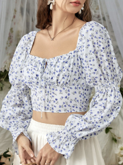 OMONSIM Wholesale Floral Shirts Square Neck Tie Puff Sleeves Design Sensation Niche Shirts Women's Summer Short Navel Long Sleeve Tops