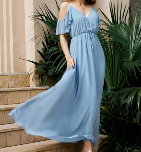 OMONSIM Wholesale Blue Beach Irregular Dress Summer Holiday Chiffon V-Neck Sling Halter Long Dress