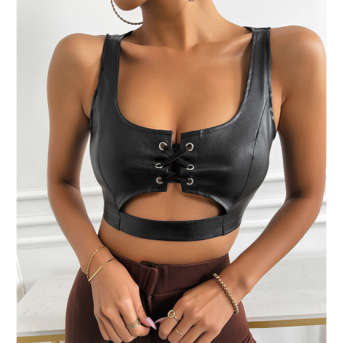 OMONSIM Wholesale Women Black PU Leather Camisole Summer Fashion Sexy Lady Sleeveless Cropped Top