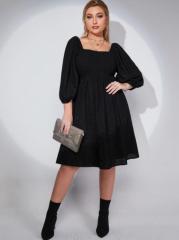 OMONSIM Whosale Plus Size Bubble Middle Sleeve Square Neck Black Casual Dress