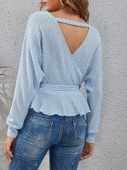 OMONSIM Wholesale Fashion Deep V-Neck Women Sweaters Ruffle Hem Long Sleeve Pullover Shirts Top Casual Loose Winter Lady Clothing
