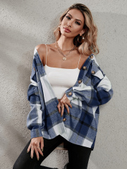OMONSIM Wholesale Women Blouses Plaid Flap Pocket Drop Shoulder Blouse Long Sleeve Casual Shirts Button Shirts Top