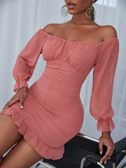 OMONSIM Wholesale Pink Wrinkled Ruffle Edge Tight Sexy Off Shoulder Long Sleeve Dress