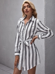 OMONSIM Wholesale New Loose Office Worker Striped Front Buckle Tied Belt Dress For Women