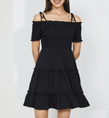 OMONSIM Wholesale Black Off Shoulder Lace Up Pleated Cake Dress Short Sleeve Women
