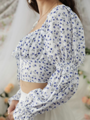 OMONSIM Wholesale Floral Shirts Square Neck Tie Puff Sleeves Design Sensation Niche Shirts Women's Summer Short Navel Long Sleeve Tops