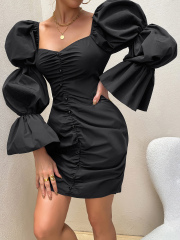 OMONSIM Wholesale Slim Sexy Blue Lantern Long Sleeve Women Party Formal Dress