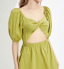OMONSIM Wholesale Green Square Neck Dress Women Show White Waist Hollow Out Design Puff Sleeve Skirt