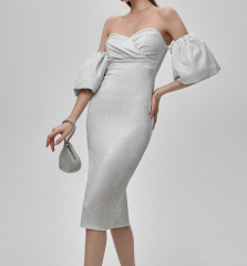 OMONSIM Wholesale gray one-shoulder dress women's new tight-fitting slimming backless high-end bag hip skirt