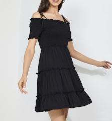OMONSIM Wholesale Black Off Shoulder Lace Up Pleated Cake Dress Short Sleeve Women