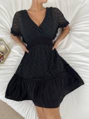 OMONSIM Wholesale Women Black Deep V-neck Short Dress Tie Backless Shirred Waist Flounce Sleeve Ruffle Hem Lace Dress