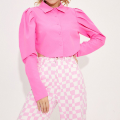 OMONSIM Wholesale pink early autumn new high-end puff sleeve shirt women's all-match thin and niche tops