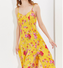 OMONSIM Wholesale Summer Elegant Temperament Yellow Floral Long Dress Feminine Side Slit Design Dress