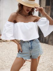 OMONSIM Wholesale Off Shoulder Sexy Crop Top Short Sleeve Summer Ladies Shirts