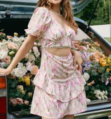 OMONSIM Wholesale New Fashion Printed Hollow Slim Fit Bubble Short Sleeve Sexy Dress