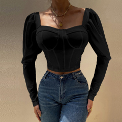 OMONSIM Wholesale White Black Women Work Shirts Square Neck Long Sleeve Tube Top Elegant Fashion Autumn Clothing Tops