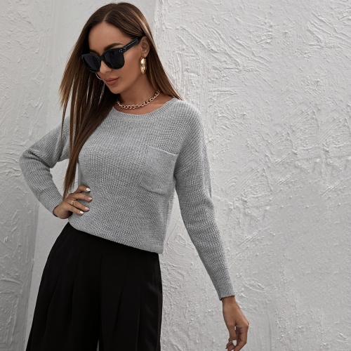 Wholesale Women Winter Long Sleeve Sweaters Grey Round Neck Elegant Casual Fashion Sweater
