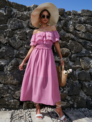 OMONSIM Wholesale Summer Pleated Pink Line Neck Short Sleeve Off Shoulder Dress