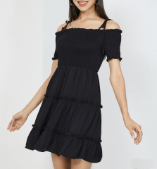 OMONSIM Wholesale Black Off Shoulder Lace Up Pleated Cake Dress Short Sleeve Women