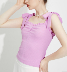 OMONSIM Wholesale bow tie straps halter vest women's solid color fungus chest pleated short waist top