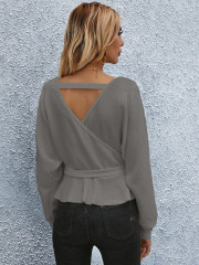 OMONSIM Wholesale Fashion Deep V-Neck Women Sweaters Ruffle Hem Long Sleeve Pullover Shirts Top Casual Loose Winter Lady Clothing