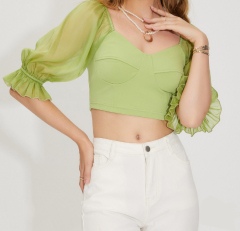 OMONSIM Wholesale Summer New Style Women's Collar Short Navel Show Thin Shirt Puff Sleeve Top