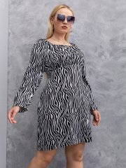 OMONSIM Wholesale Fashion Plus Size Womens Dress Square Neck Zebra Stripes Long Sleeve Loose Oversize Dress